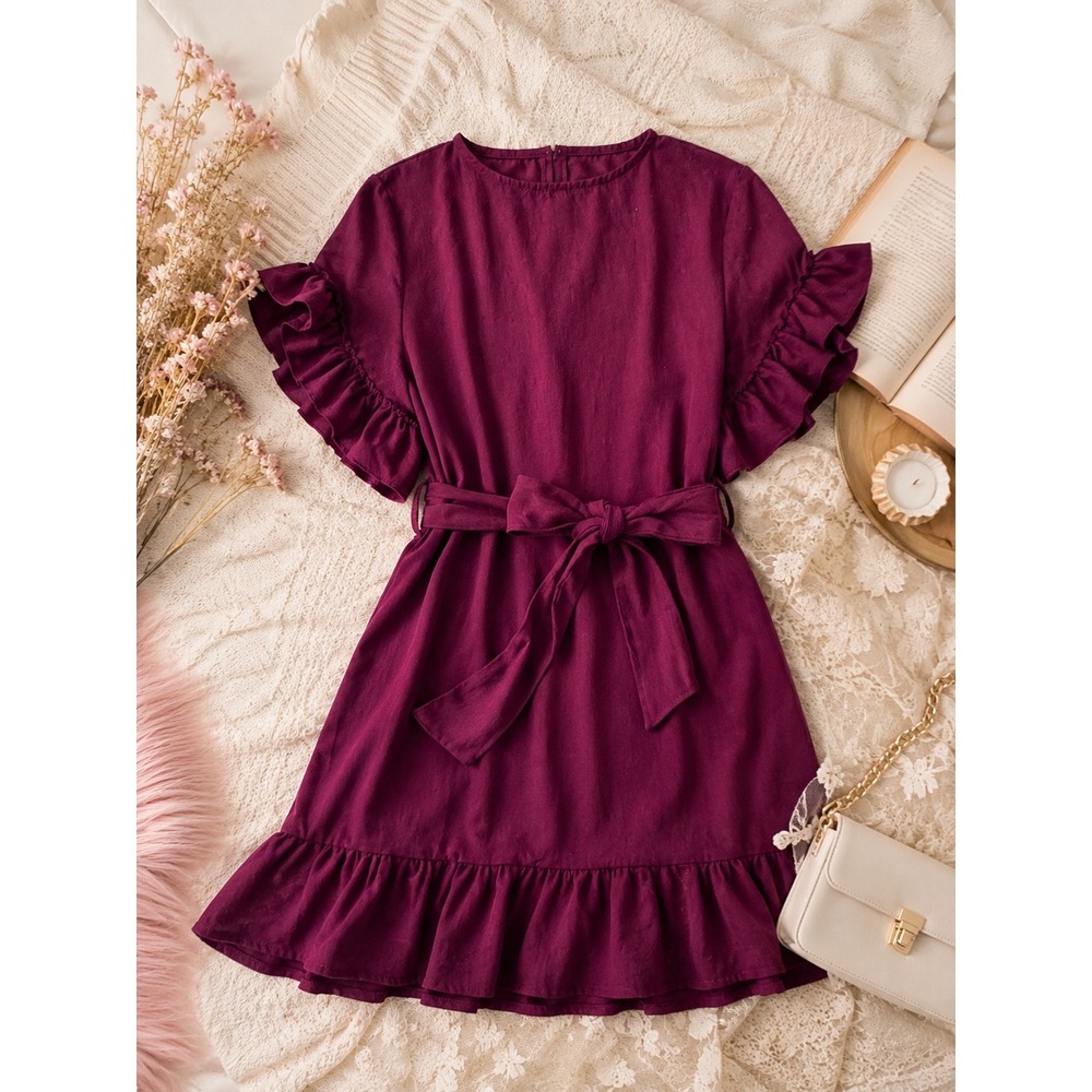 Showpo Burgundy Ruffle Sleeve Tie Waist Mini Dress Size 4 Boho Romantic